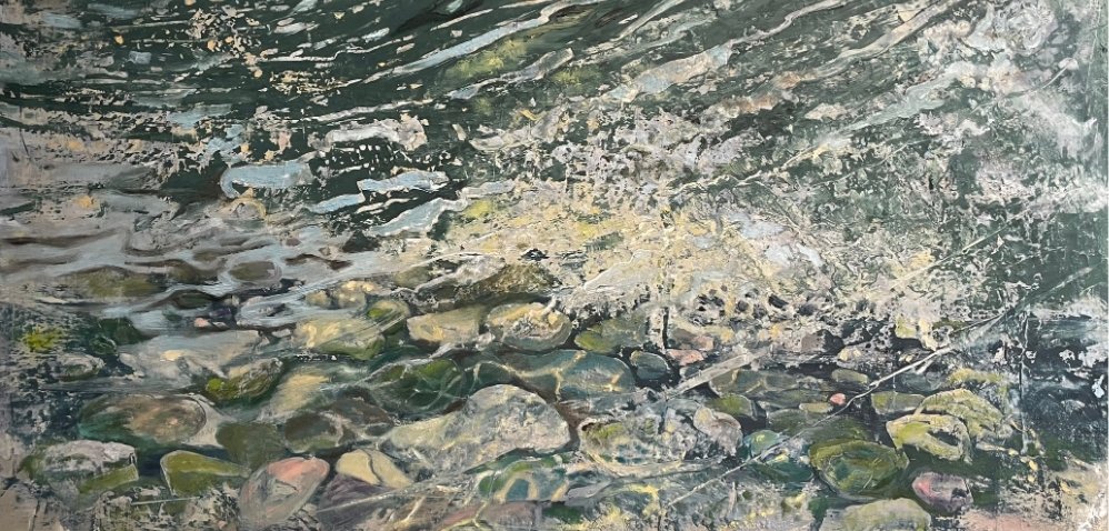 A watercolour landscape with shimmering purples and pinks, a forested area that meets water and mountains in the background.